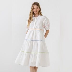 Anthropologie English Factory Midi Dress White Puff Sleeve Tiered Womens Size 1X